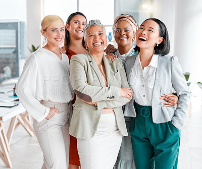 Buy stock photo Diversity, portrait and professional women with teamwork, global success and group empowerment in office. Career love and hug of asian, black woman and senior business people or employees with smile