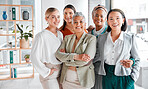 Diversity, portrait and business women with support, teamwork and group empowerment in office leadership. Career love and hug of asian, black woman and senior business people or employees with smile