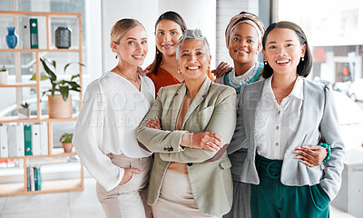 Buy stock photo Diversity, portrait and business women with support, teamwork and group empowerment in office leadership. Career love and hug of asian, black woman and senior people or employees smile for solidarity