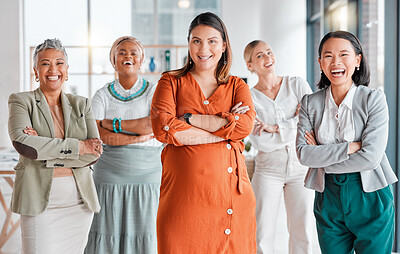 Buy stock photo Portrait, diversity and professional women together for happy teamwork, global career and office group empowerment. Proud asian, black woman and senior business people or employees in company success