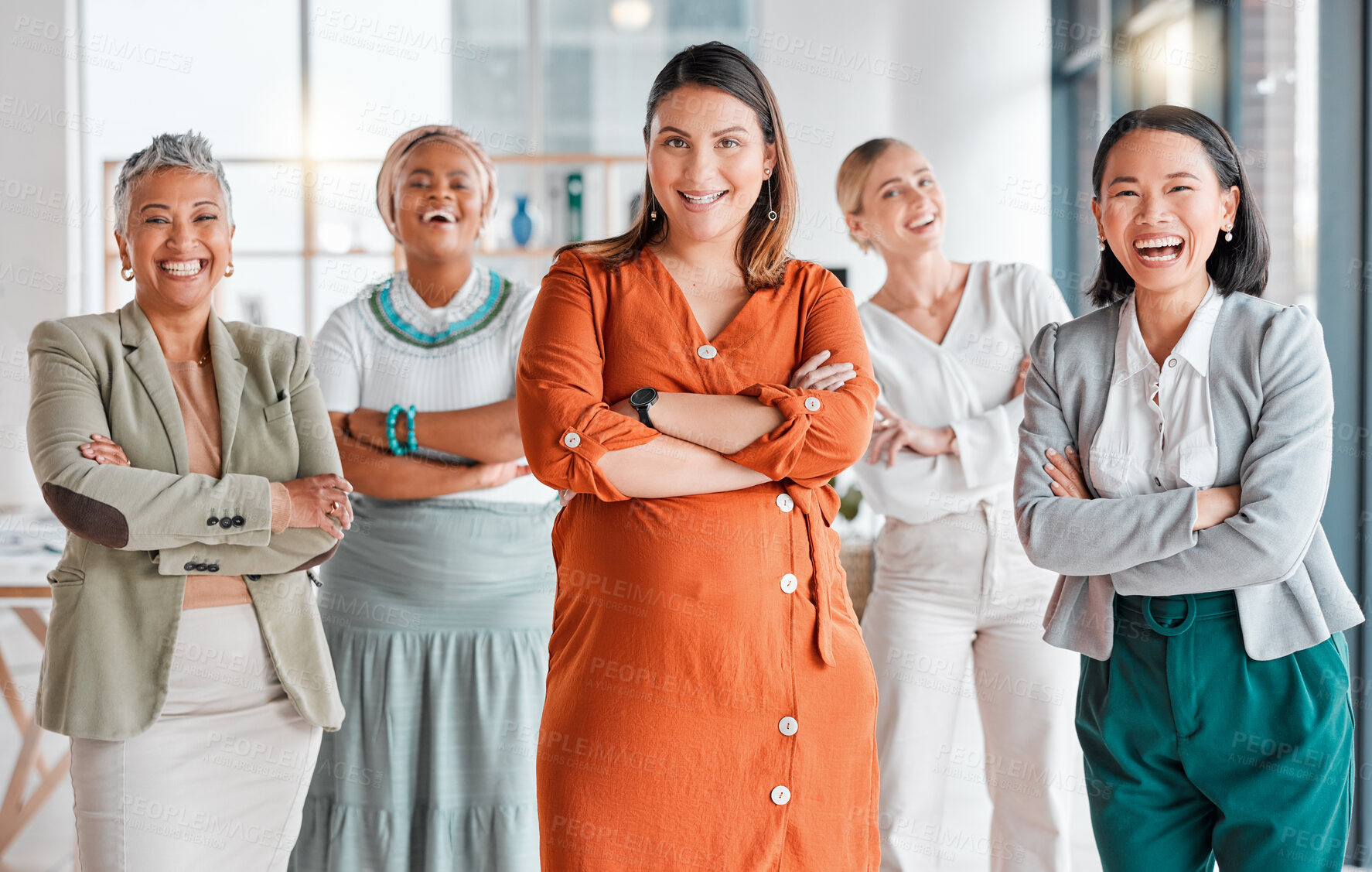 Buy stock photo Portrait, diversity and professional women together for happy teamwork, global career and office group empowerment. Proud asian, black woman and senior business people or employees in company success