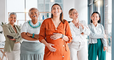 Buy stock photo Arms crossed, leadership and portrait of a pregnant woman with a team for diversity in the workplace. Collaboration, happy and women with pride and trust for teamwork and a manager during pregnancy