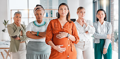 Buy stock photo Portrait, pregnant and women in office, business and team with confidence, support and sisterhood. Face, female employees and coworkers in workplace, pregnant and diversity in company and startup