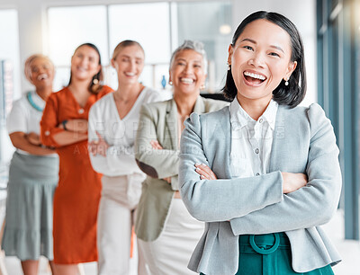 Buy stock photo Asian woman, teamwork portrait and office team of leadership, company management and vision. Diversity, business women and startup agency of a creative marketing group with a proud smile in workplace