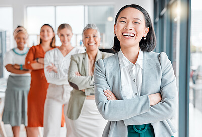 Buy stock photo Asian woman, office team portrait and success of leadership, company communicate and vision. Diversity, business women and startup agency of a creative marketing group with a proud smile in agency