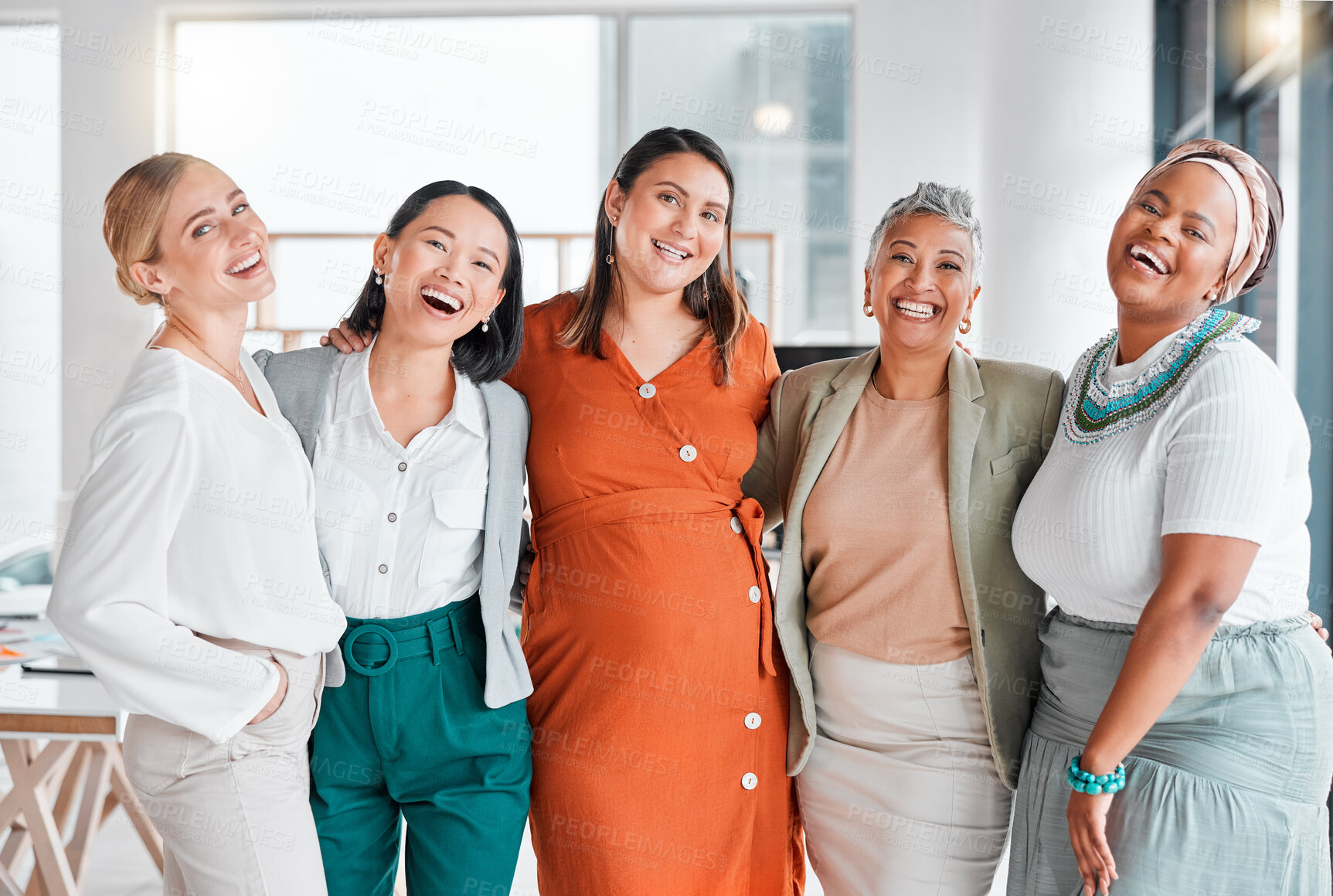 Buy stock photo Professional women only, portrait and diversity in office teamwork, inclusion and empowerment hug together. Happy asian, african and senior manager with pregnant woman for company goals and success