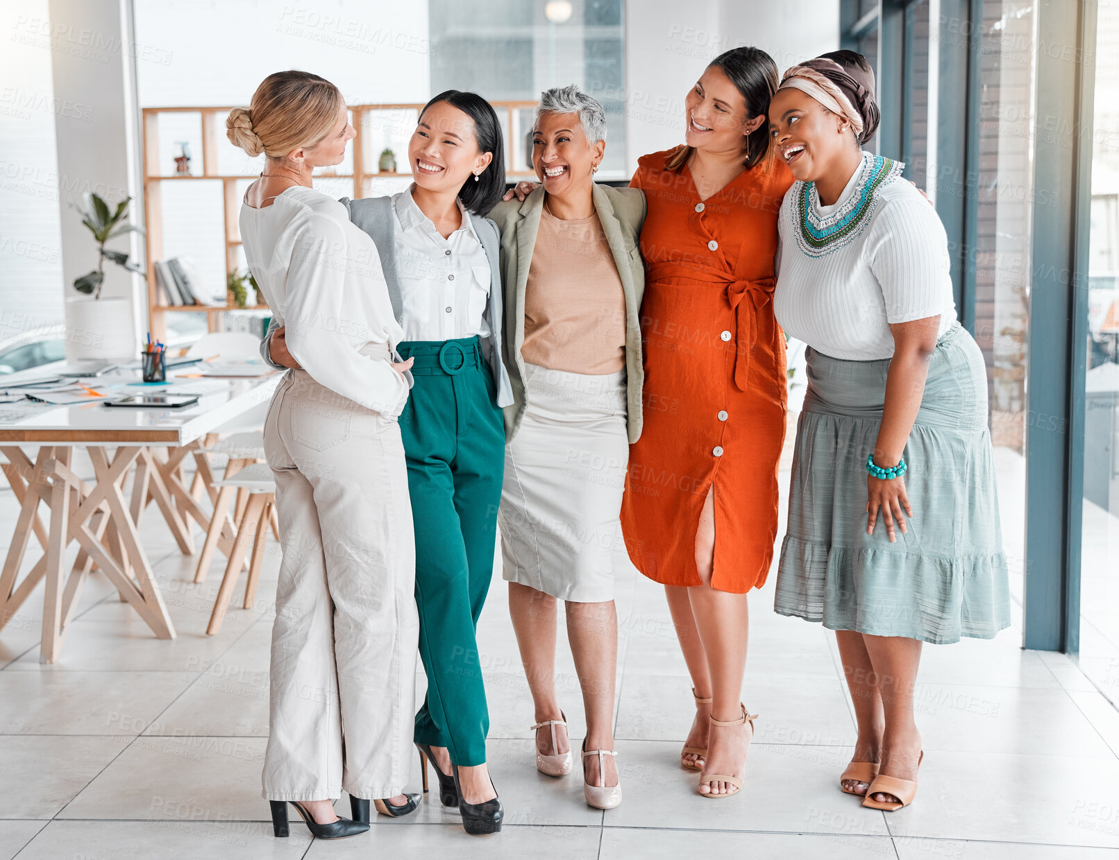 Buy stock photo Women in business, community and diversity in team, collaboration and corporate group with success and vision. Happy, working together and professional, motivation with trust, support and solidarity