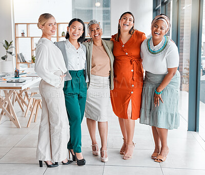 Buy stock photo Business people, women in portrait and diversity in team, collaboration and corporate group, success and laugh. Happy, work together and professional, motivation with trust, support and solidarity