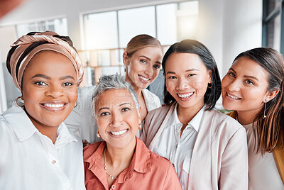 Buy stock photo Business selfie, market research team and portrait of women in office with collaboration support. Diversity, smile and creative marketing group with happiness from startup company success and work