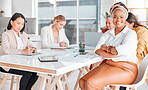 Leadership, smile and portrait of black woman in business meeting for project management, strategy and planning. Happy, teamwork and vision with employee in office for creative, diversity and startup