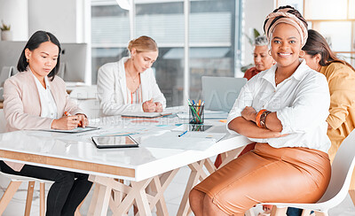Buy stock photo Leadership, smile and portrait of black woman in meeting for project management, strategy and planning. Happy, teamwork and vision with employee in office for creative, diversity and business startup