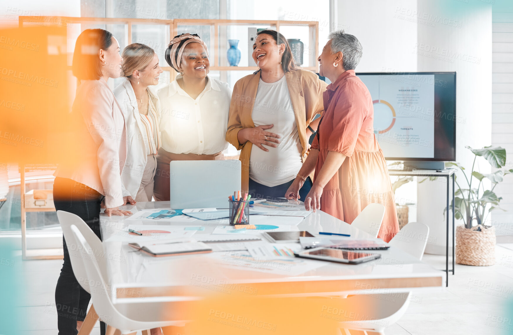 Buy stock photo Happy, diversity or team of women in business meeting for collaboration, communication or networking in office. Motivation, strategy or group of employee for brainstorming, creative idea or planning