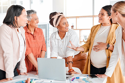 Buy stock photo Pregnant, business women brainstorming in meeting for company growth, research or strategy review in office. Happy, teamwork or startup employee smile for SEO idea, KPI schedule or planning calendar