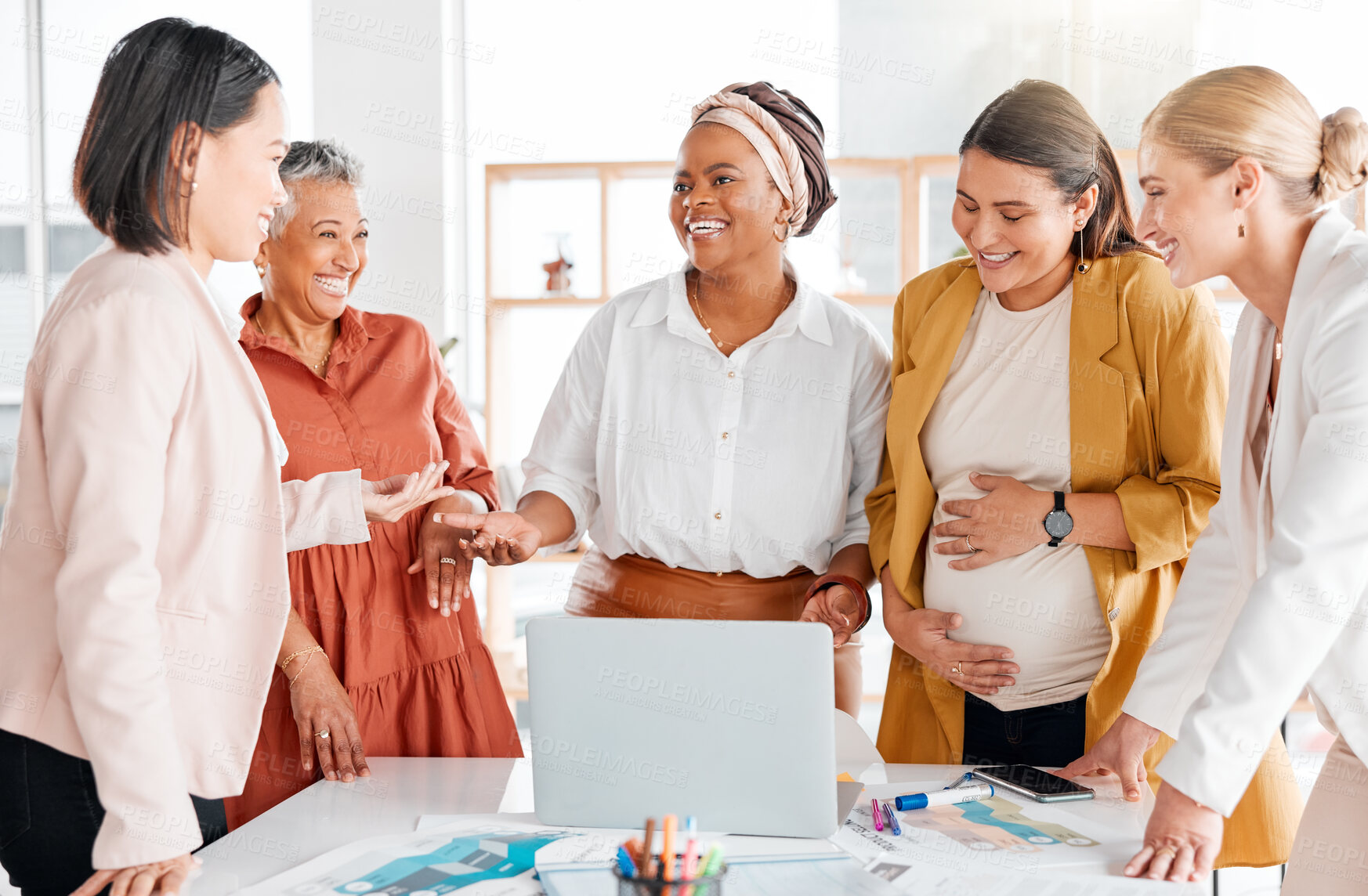 Buy stock photo Business women brainstorming in meeting on laptop for company growth, research or strategy review in office. Happy, teamwork or startup employee smile for SEO idea, KPI schedule or planning calendar