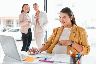 Buy stock photo Gossip, pregnancy shame or business people pointing at pregnant woman in office working on laptop. Colleagues in workplace bullying, employee victim exclusion or worker harassment and discrimination