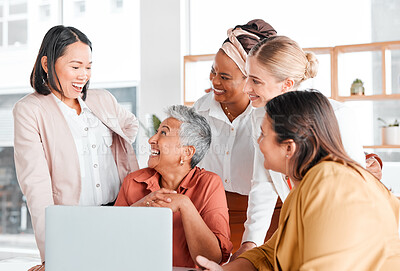 Buy stock photo Happy, success or business people in meeting for company growth, strategy review or teamwork in office. Group of startup women, diversity or friends with smile laughing, happiness or comic joke.