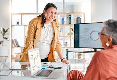 Buy stock photo Startup, pregnant woman or business meeting in office for company growth, strategy review or teamwork. Collaboration, happy leader or women with research for SEO, schedule or planning calendar KPI