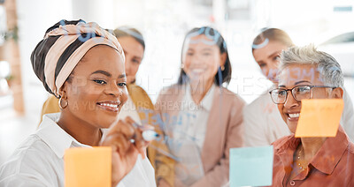 Buy stock photo Planning, strategy or happy black woman writing a marketing or advertising plan for business ideas. Sticky notes, meeting or creative people working on global startup project target or team goals