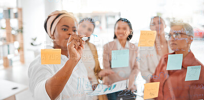 Buy stock photo Planning, strategy or black woman writing a winning marketing or advertising plan for business ideas. Sticky notes, meeting or creative people working on global startup project target or team goals
