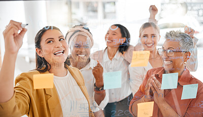 Buy stock photo Team planning, success or woman writing a winning marketing strategy or advertising plan for business ideas. Sticky notes, meeting or excited people working on global startup project target or goals