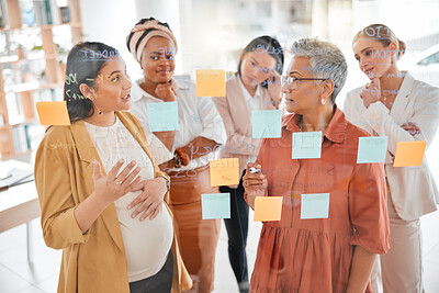 Buy stock photo Collaboration, pregnant woman or business women planning a marketing strategy, advertising plan or branding ideas. Sticky notes, meeting or creative team writing goals for a global startup project