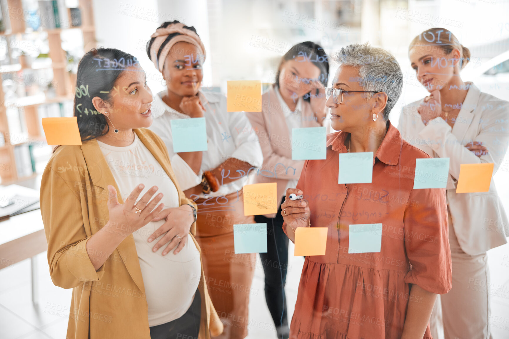 Buy stock photo Collaboration, pregnant woman or business women planning a marketing strategy, advertising plan or branding ideas. Sticky notes, meeting or creative team writing goals for a global startup project
