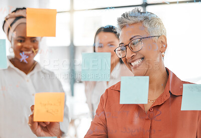 Buy stock photo Planning, meeting or happy CEO writing a marketing strategy, advertising plan or branding ideas. Sticky notes, senior woman or manager working on a global startup project with creative employees