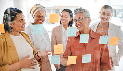 Buy stock photo Planning, pregnant woman or happy CEO writing a marketing strategy, advertising plan or branding ideas. Sticky notes, meeting or manager working on a global startup project goals with a creative team