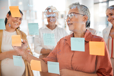 Buy stock photo Senior, business meeting or CEO writing a marketing strategy, advertising plan or branding ideas. Sticky notes, pregnant woman or manager planning a global startup project with creative employees