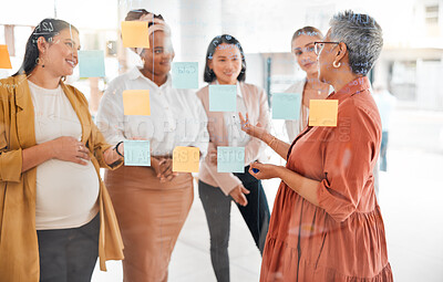 Buy stock photo Senior woman in a business meeting for marketing strategy, advertising plan or branding ideas. Sticky notes, leadership or mature manager planning a global startup project with creative employees 