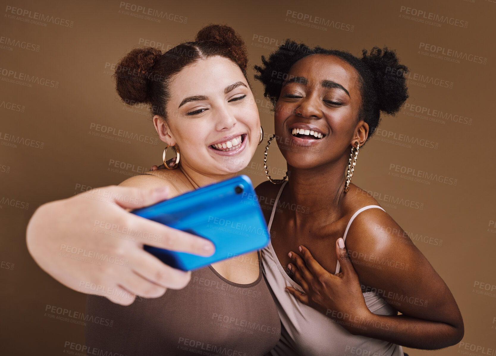Buy stock photo Fashion, selfie and friends smile with phone on brown background for wellness, cosmetics and makeup. Beauty influencers, happy and black women on smartphone for social media, picture and online post