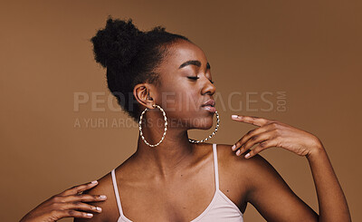 Buy stock photo Black woman, pose or fashion hairstyle on isolated brown background in relax self love, trendy or cool style promotion. Confident, hands or beauty model with makeup cosmetics, natural hair or jewelry