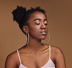 Makeup, beauty and black woman in studio for wellness, cosmetics and skincare on brown background. Glamour, aesthetic and girl relax with luxury, treatment and skin pamper routine while isolated