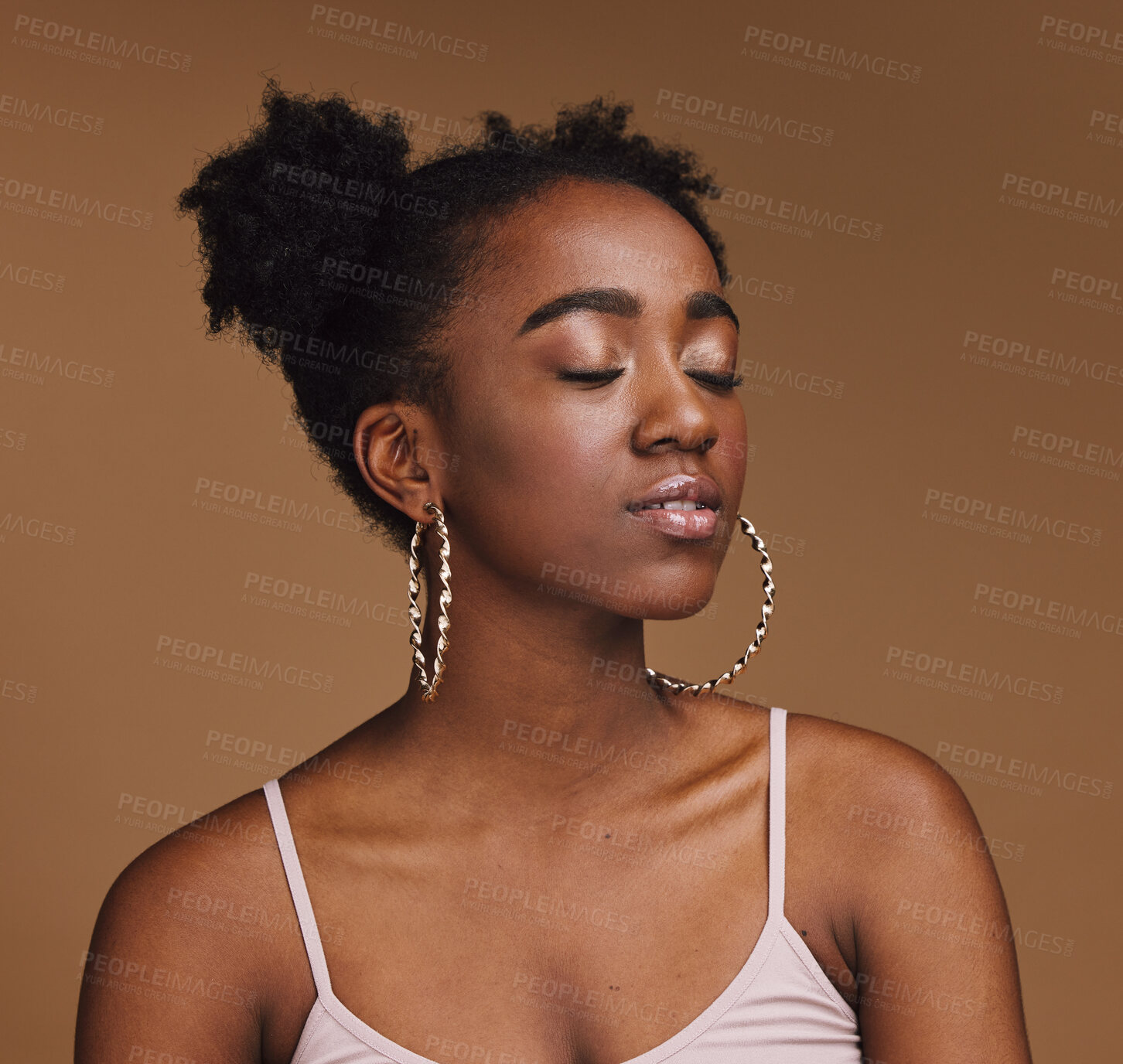 Buy stock photo Makeup, beauty and black woman in studio for wellness, cosmetics and skincare on brown background. Glamour, aesthetic and girl relax with luxury, treatment and skin pamper routine while isolated