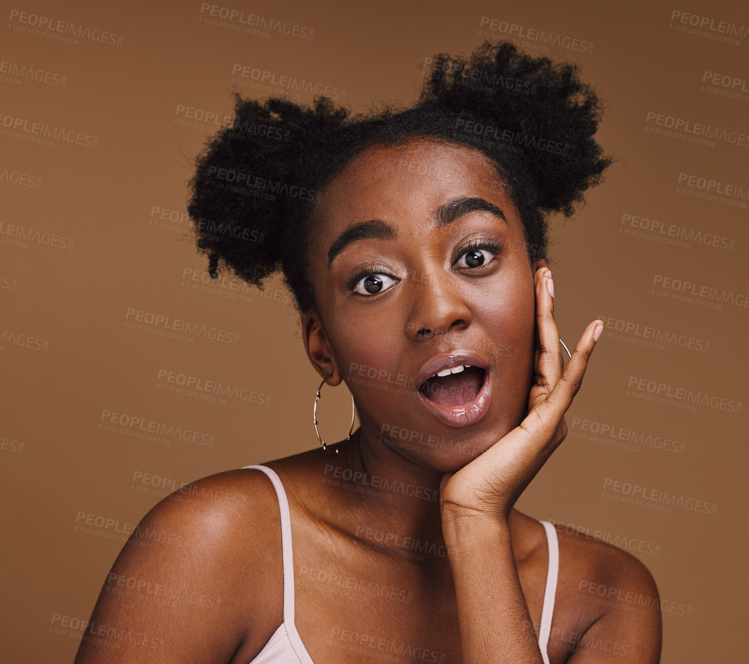 Buy stock photo Beauty, skincare and portrait of shocked black woman with hand in face isolated on brown background. Surprise, wow and facial cosmetics or natural makeup for healthy, glowing skin on model in studio.