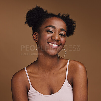 Buy stock photo Black woman, smile and student portrait of a gen z person with makeup and jewelry in a studio. Isolated, brown background and happiness of a young female with skincare glow, cosmetics and face