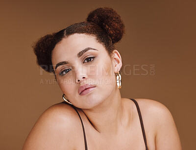 Buy stock photo Black woman, beauty portrait and skincare on background of aesthetic facial, cosmetics and studio face. Young gen z model, curly hair and style for dermatology, wellness or laser salon transformation