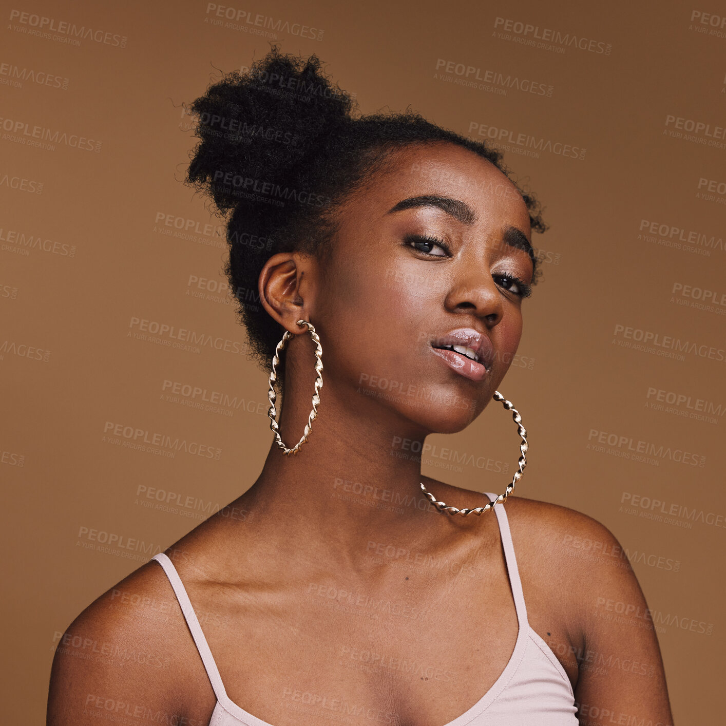 Buy stock photo Beauty, black woman and makeup, fashion portrait and skincare, jewelry or accessories on studio background. Face, skin and wellness with cosmetic care, African American model and natural cosmetics