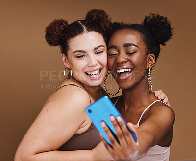 Buy stock photo Fashion, selfie and friends with phone smile on brown background for wellness, cosmetics and makeup. Influencer, happy and black women on smartphone for social media content, picture and online post