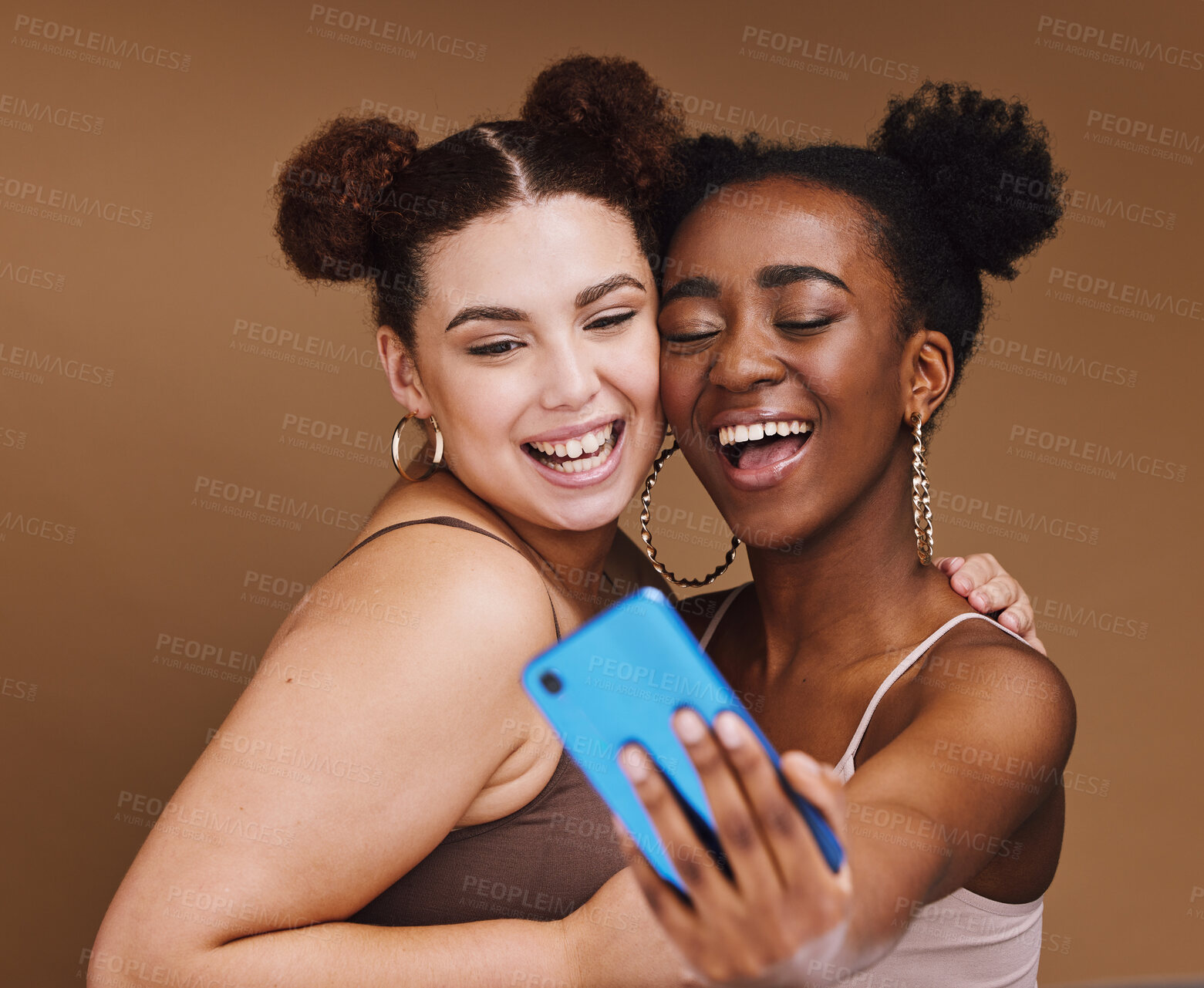 Buy stock photo Fashion, selfie and friends with phone smile on brown background for wellness, cosmetics and makeup. Influencer, happy and black women on smartphone for social media content, picture and online post