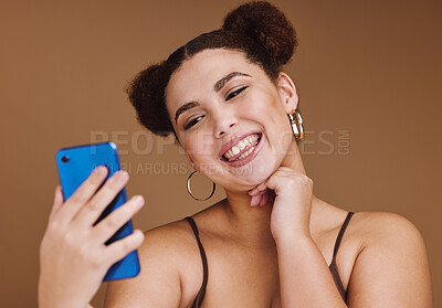 Buy stock photo Selfie, happiness and woman smile with a phone feeling excited, happy and beauty for profile picture. Social media, isolated and studio background with mockup of gen z, young and face of young person