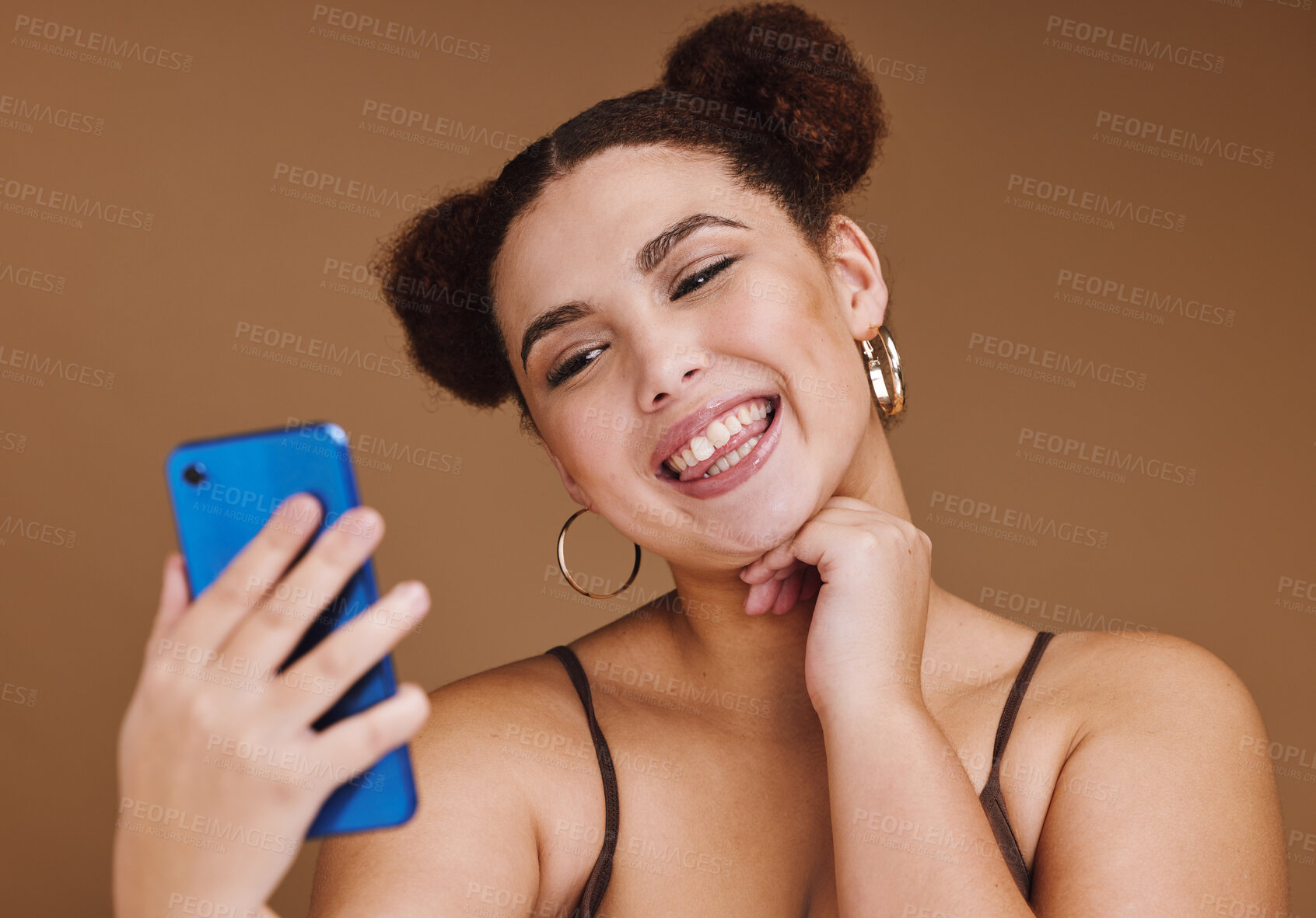 Buy stock photo Selfie, happiness and woman smile with a phone feeling excited, happy and beauty for profile picture. Social media, isolated and studio background with mockup of gen z, young and face of young person