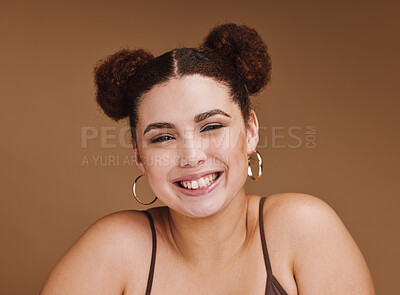 Buy stock photo Woman, portrait or fashion hairstyle on isolated brown background for self love, trendy or cool style promotion. Smile, happy or plus size model with beauty makeup cosmetics, natural hair or jewelry