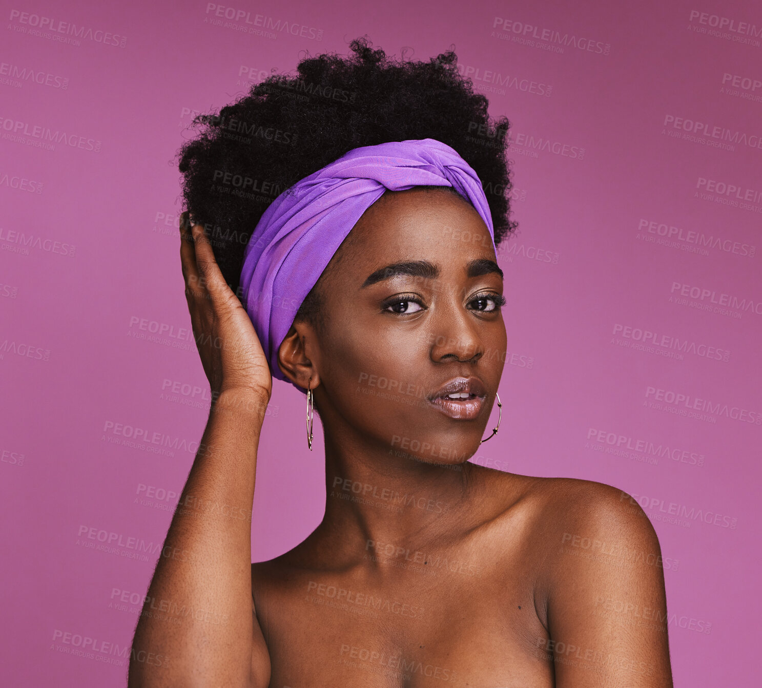 Buy stock photo Portrait, hair and skincare with a model black woman on a pink background in studio for natural care. Face, haircare and headband with an attractive young female posing to promote cosmetic treatment