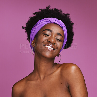 Buy stock photo Portrait, beauty and skincare with a model black woman on a pink background in studio for natural care. Face, hair and headband with an attractive young female posing to promote cosmetic treatment