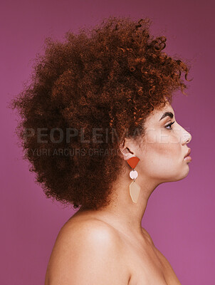 Buy stock photo Woman, profile or afro hairstyle on isolated purple background in empowerment, curly maintenance or skincare salon promotion. Beauty model, natural or hair growth texture on cosmetics studio backdrop