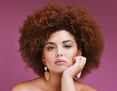 Buy stock photo Black woman, studio portrait and cosmetics with afro, thinking and vision for beauty, wellness and hair care. African model, natural skin glow and aesthetic with idea, confidence and cosmetic makeup