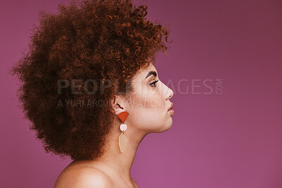 Buy stock photo Model, profile or afro hairstyle on isolated purple background in empowerment, curly maintenance or skincare salon promotion. Beauty woman, natural or hair growth texture on cosmetics studio mock up