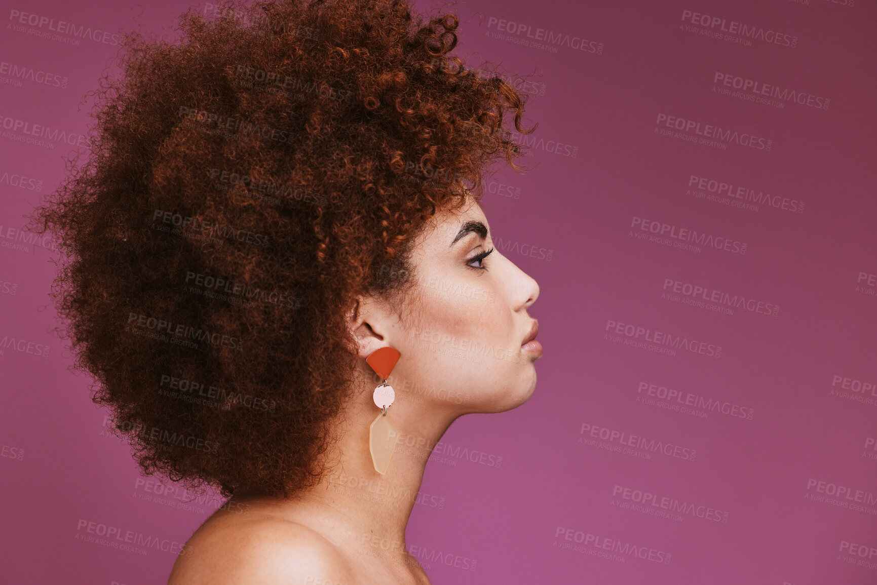 Buy stock photo Model, profile or afro hairstyle on isolated purple background in empowerment, curly maintenance or skincare salon promotion. Beauty woman, natural or hair growth texture on cosmetics studio mock up