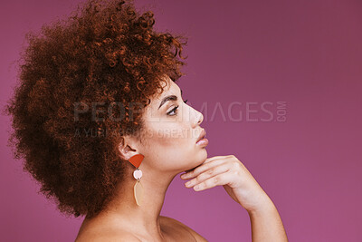 Buy stock photo Model, profile or afro hair on isolated studio background in empowerment, curly maintenance or skincare salon promotion. Beauty woman, natural or hairstyle growth texture on purple cosmetics mock up